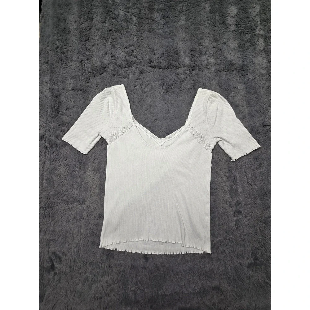 Free People Womens Ribbed Lace Trim V-Neck Short Sleeve Top White Puff Sleeve